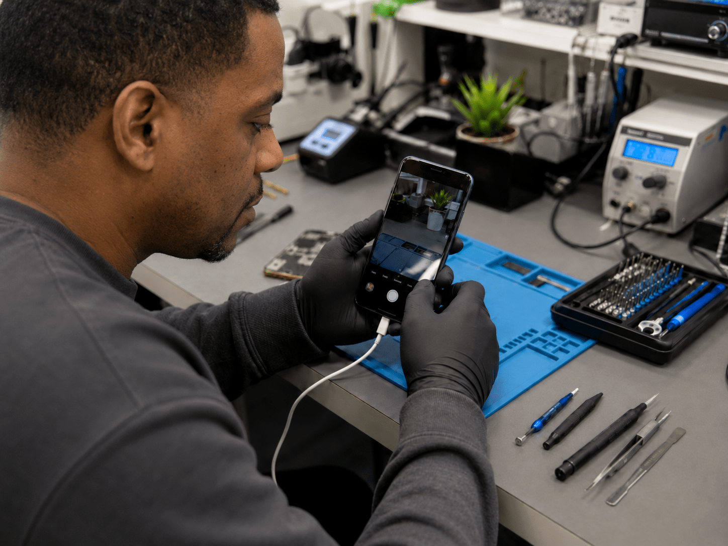 Technician testing a used smartphone at a repair bench before giving a value quote