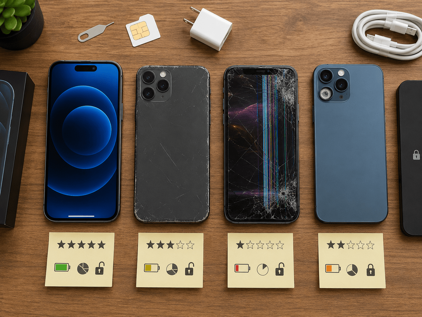 Used phones in different conditions showing how scratches, screen damage, battery health, and lock status affect value