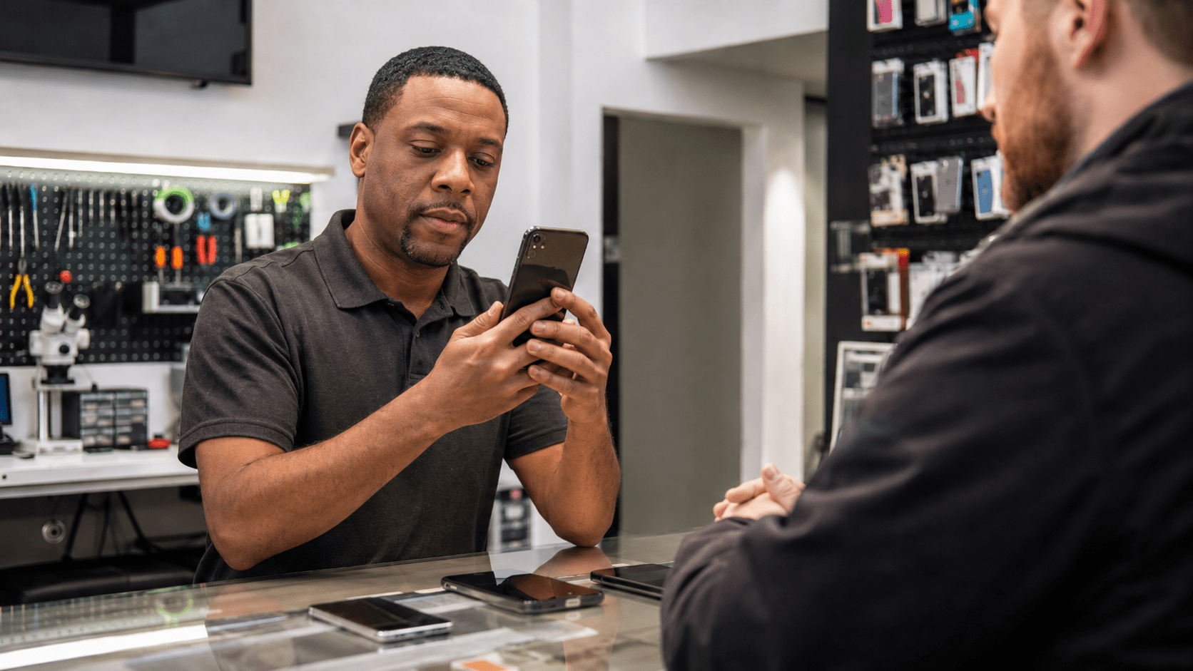 HD Wireless technician inspecting a used phone to determine its value in Indianapolis